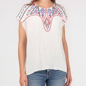 Cici White Embroidered Top Mexican Design Size Medium Cap Sleeve Boho Festival
